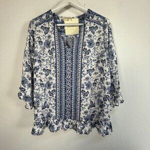 Cynthia Rowley Womens Floral Blue White V-Neck Ruffle Blouse Top Size 1X New